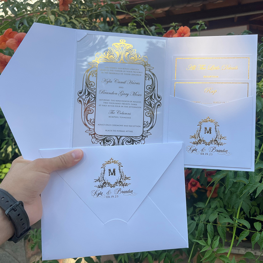 Acrylic Wedding Invitation. White Pocket Envelope. Gold foil print. Detail Card. Mailing Envelope. Wax seal